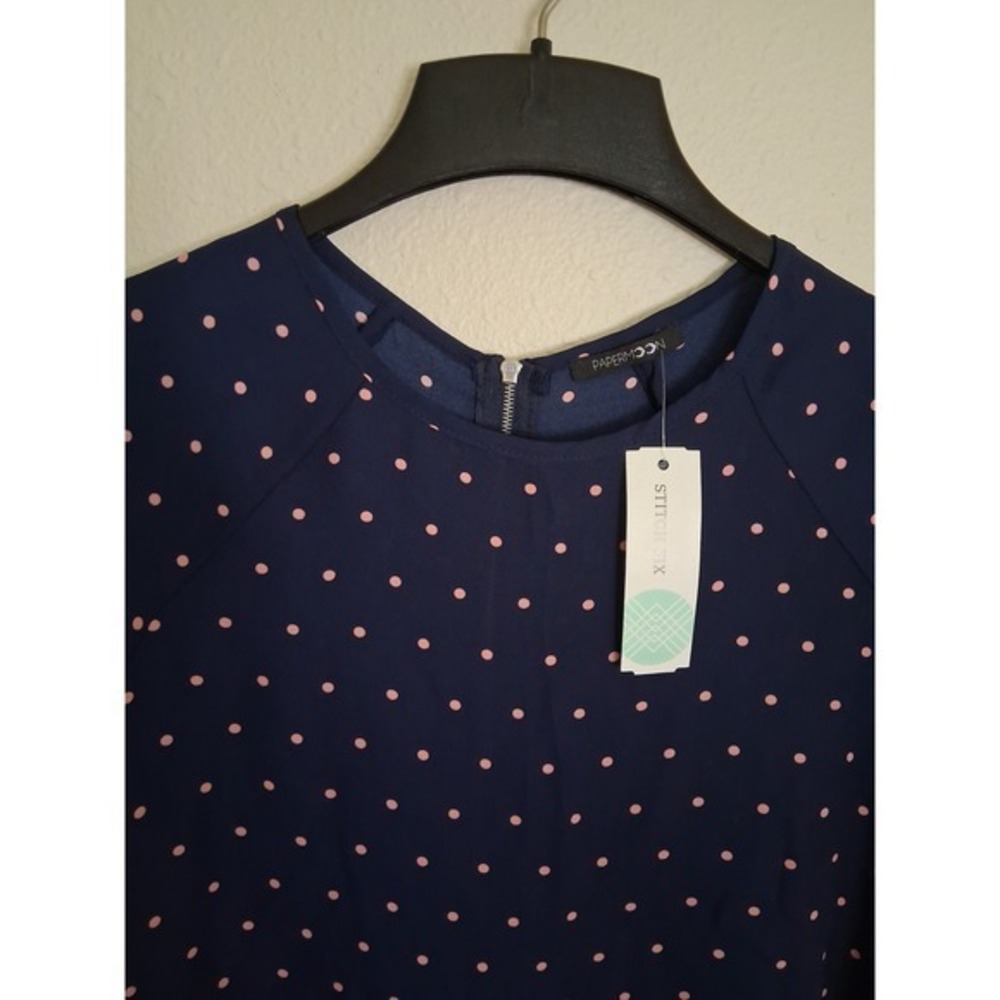 Papermoon Navy Pink Polka Dot High-Low Blouse Short Sleeve Zip Back CT1987-SS S - Picture 3 of 9